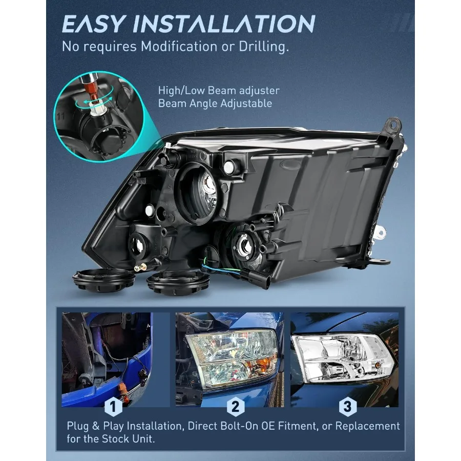 2009-2018 램 1500 2500 3500 픽업 트럭용 헤드라이트 어셈블리, 쿼드 디자인 크롬 하우징, 클리어 코너 및 렌즈 교체