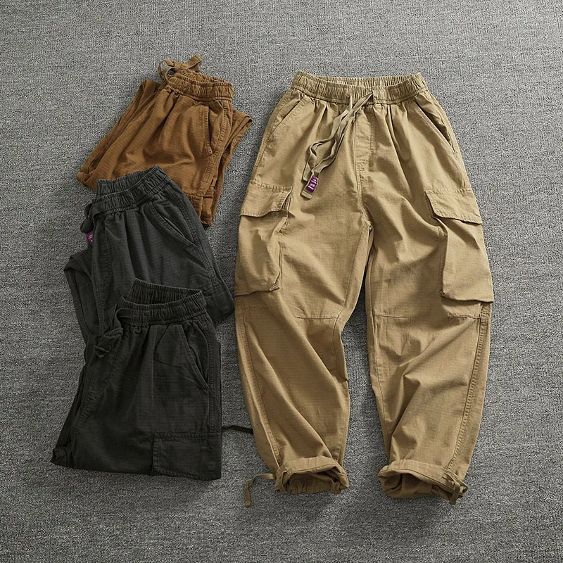 

Японские рабочие брюки из чистого хлопка с завышенной талией, мужские свободные прямые брюки с завязками, американские повседневные брюки