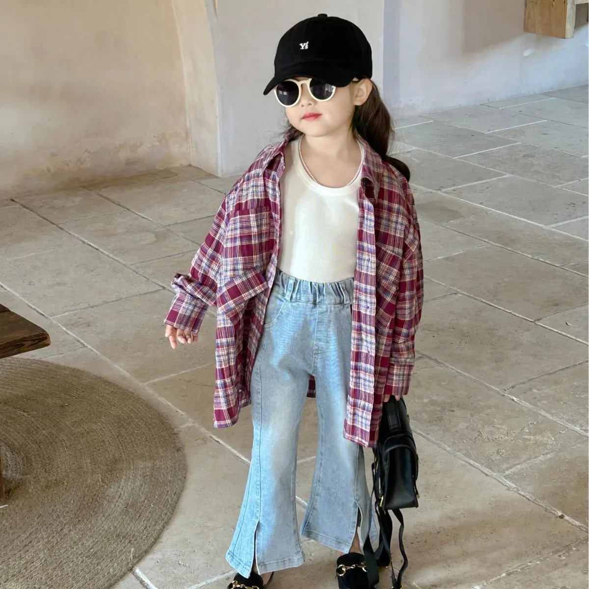 Girls Shirts 2024 Autumn New Childrens Clothing Korean Style Foreign Style Girls Long Loose Plaid Shirt Casual Simple Match