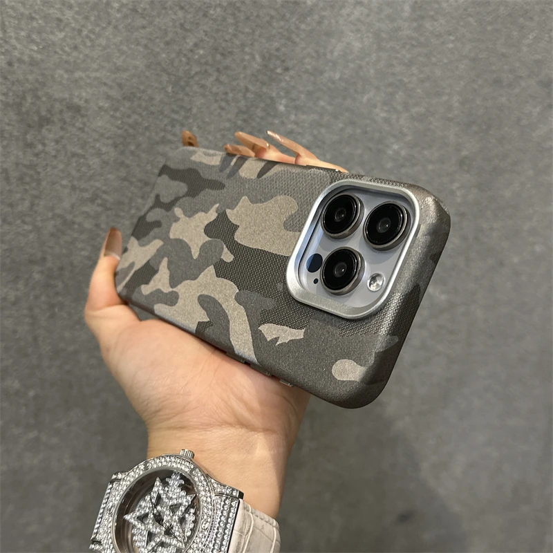 Camouflage PU Leather Magnetic Phone Case For iPhone 16 17Pro Max 15 13 14 Pro 17 Wireless Charging Alloy Lens Shockproof Cover