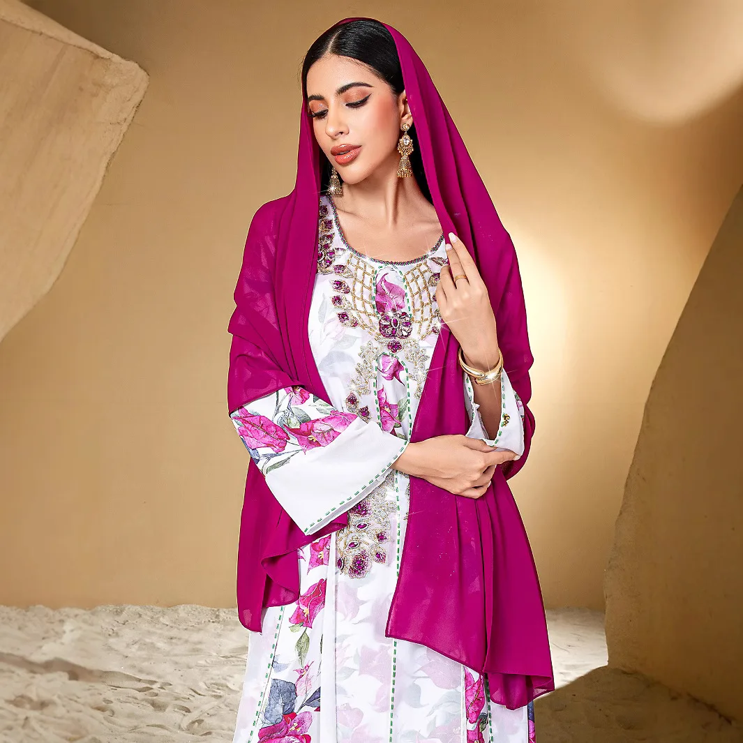 Arabe moyen-orient musulman nouvelle mode 2025 femmes diamant clouté décontracté à la mode élégant imprimé Abayas femme vêtements robes