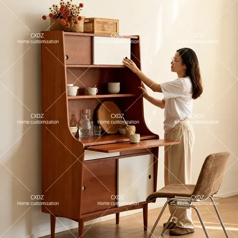 Medieval Style Solid Wood Side Cabinet Retro Storage Bookcase for Living Room Study Small Apartment Guest Dining Room