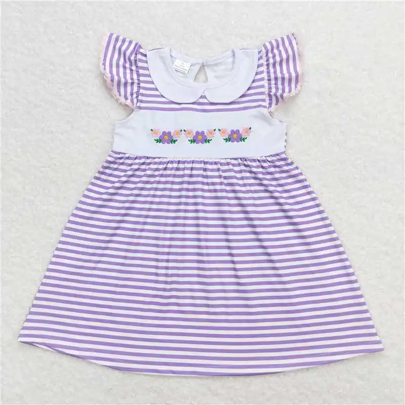 wholesale western boutique clothing baby girls clothes Embroidered flowers purple and white striped doll collar vest onesie