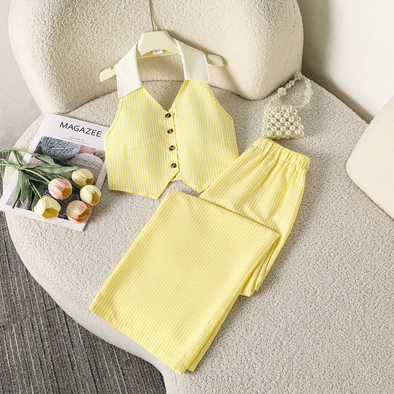 New girls' Outfit summer fashion V-neck hanging neck sleeveless vest wide leg pants striped two-piece set