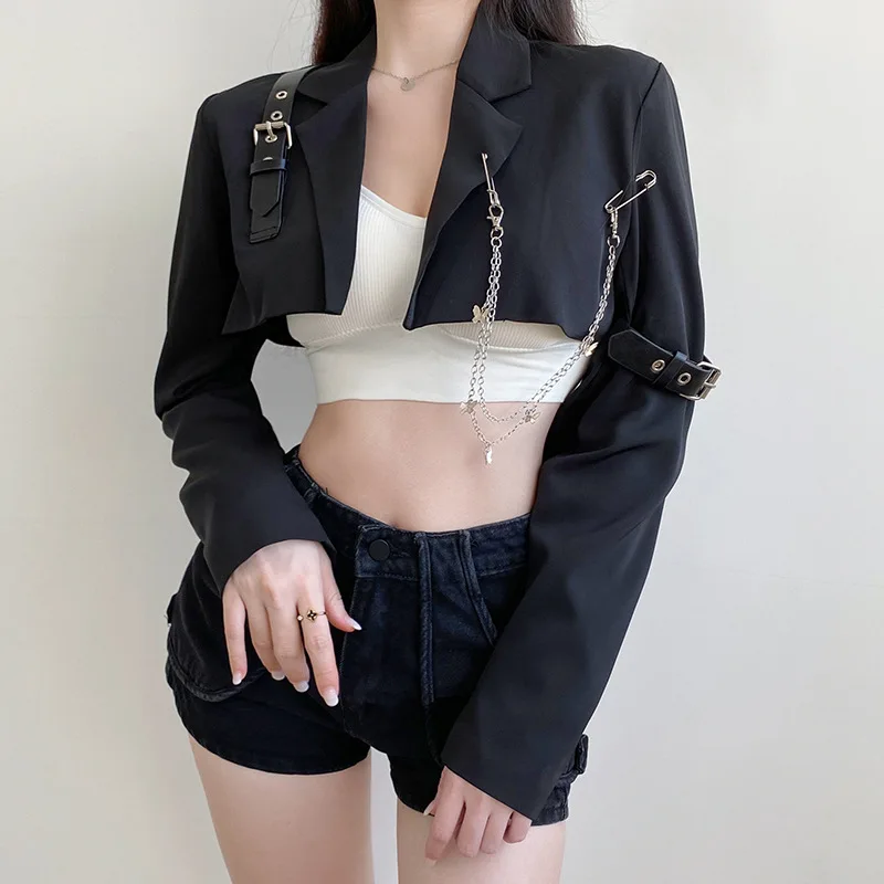 2023 Woman Punk Chain Black Short Jacket Fashion New Casual Pants Skirt Two-piece Set Spring Fall Solid Jackets Outerwear