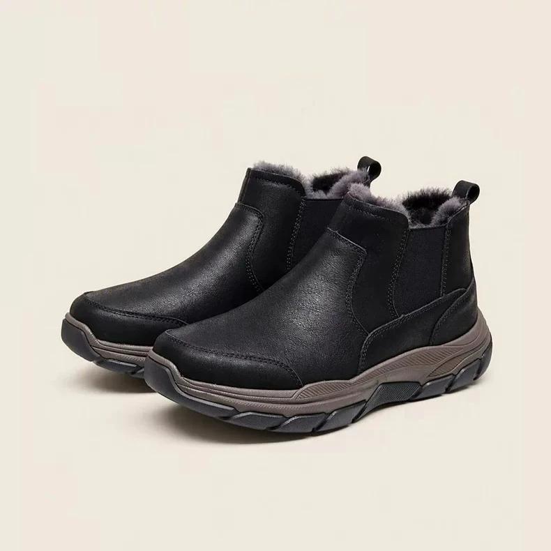 Men Genuine Leather Winter Chelsea Boots Wool Lining Elastic Gore Slip on Anti Slip Rugged Outdoors Ankle Snow Boots