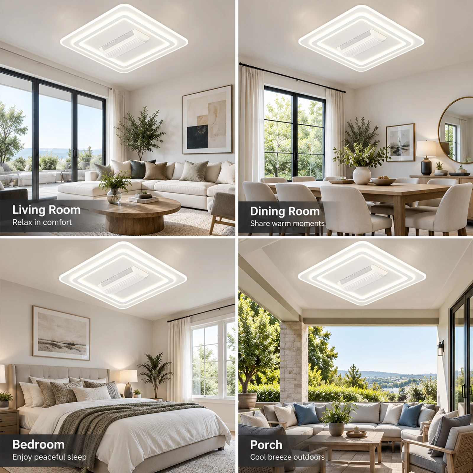 Quadratische Deckenlampe mit Ventilator, moderner, blattloser, intelligenter Lüftungsventilator, Fernbedienung, Dimmbarkeit, 6 Geschwindigkeiten, Heimdekoration, cooler Deckenventilator mit Licht. – Detail 8