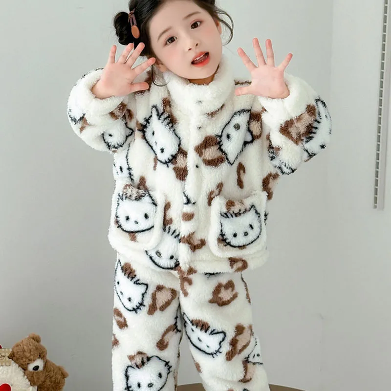 أنيمي مرحبا كيتي جديد الفانيلا ملابس المنزل لخريف شتاء لطيف ليوبارد طباعة سترة دعوى الطفل الدافئة الكرتون منامة دعوى
