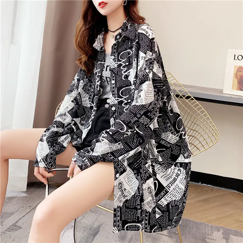 Printing Tops Casual Fashion Loose Long Sleeve Turn-down Collar Sunscreen Shirt Buttons Femme Blouses Women\'s Clothing 2023 New