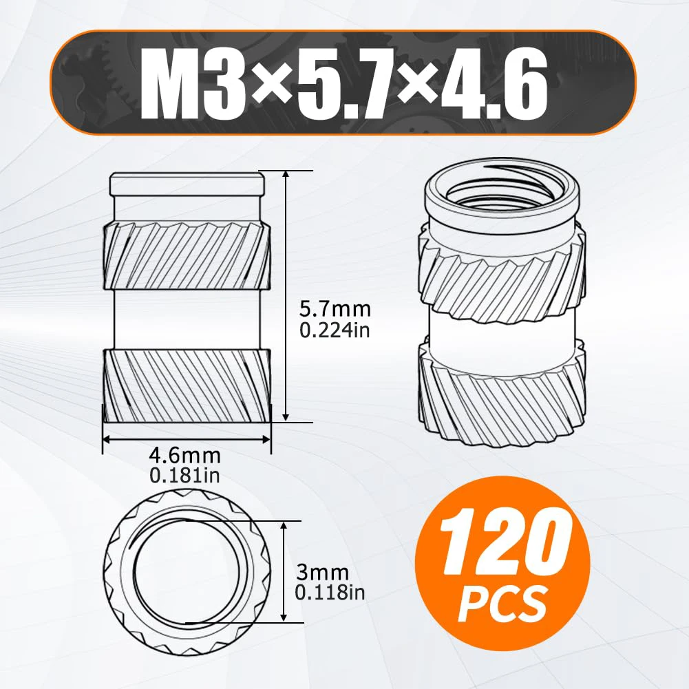 120Pcs M3 Brass Threaded Inserts M3x5.7x4.6mm Heat Set Knurled Nuts for 3D Printing Plastic PLA ABS PETG High Strength Stable