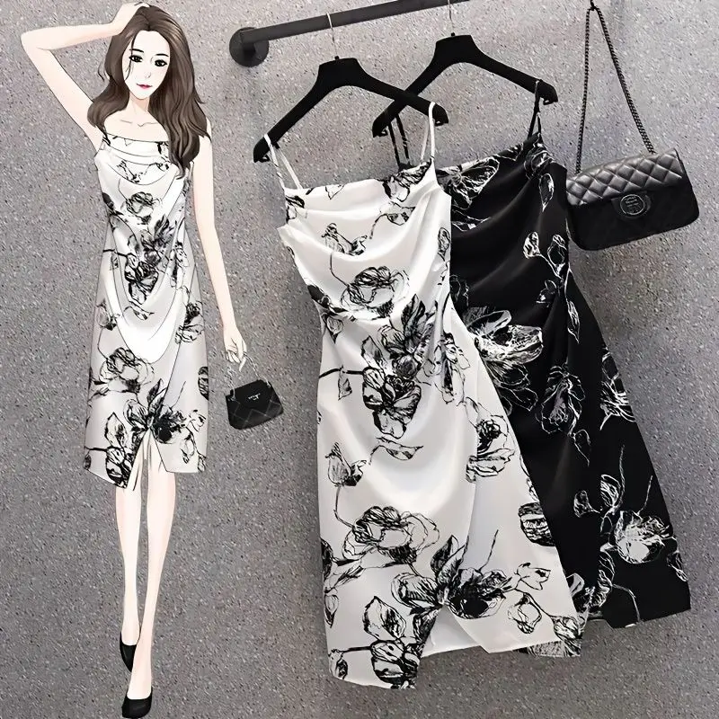 

2023 New Summer Fashion Trend Print with Pleats and Belly Covering Temperament Versatile Oversized Women's Suspender Dress