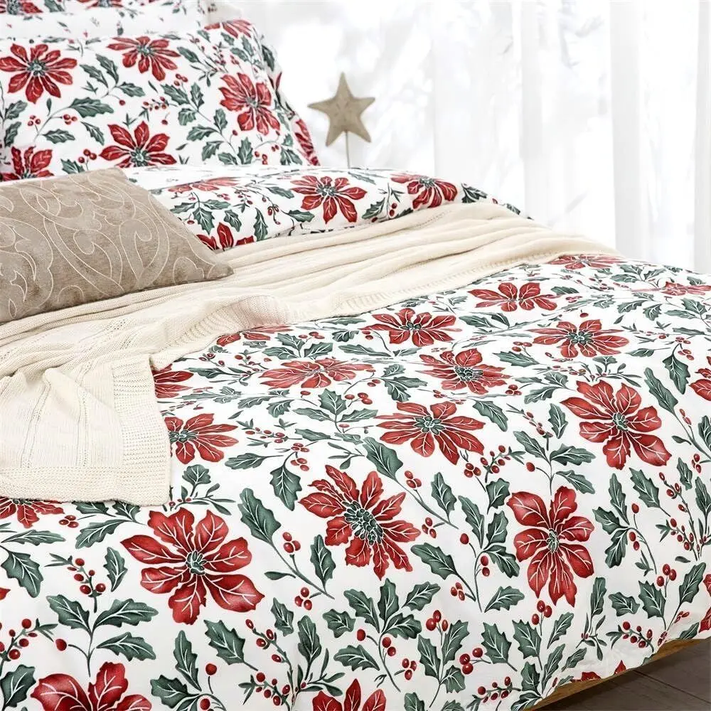 طقم غطاء لحاف قطن 100% مقاس كينج - 104x90 مع 2 شمز، تصميم زهرة عيد الميلاد في المزرعة #3