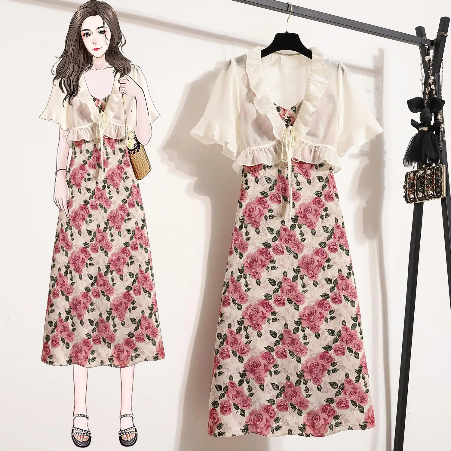 Summer Casual Two-piece Set For Women Ruffles Cardigan Tops And Floral Print Sling Dress Female Large Size Casual Matching Suits