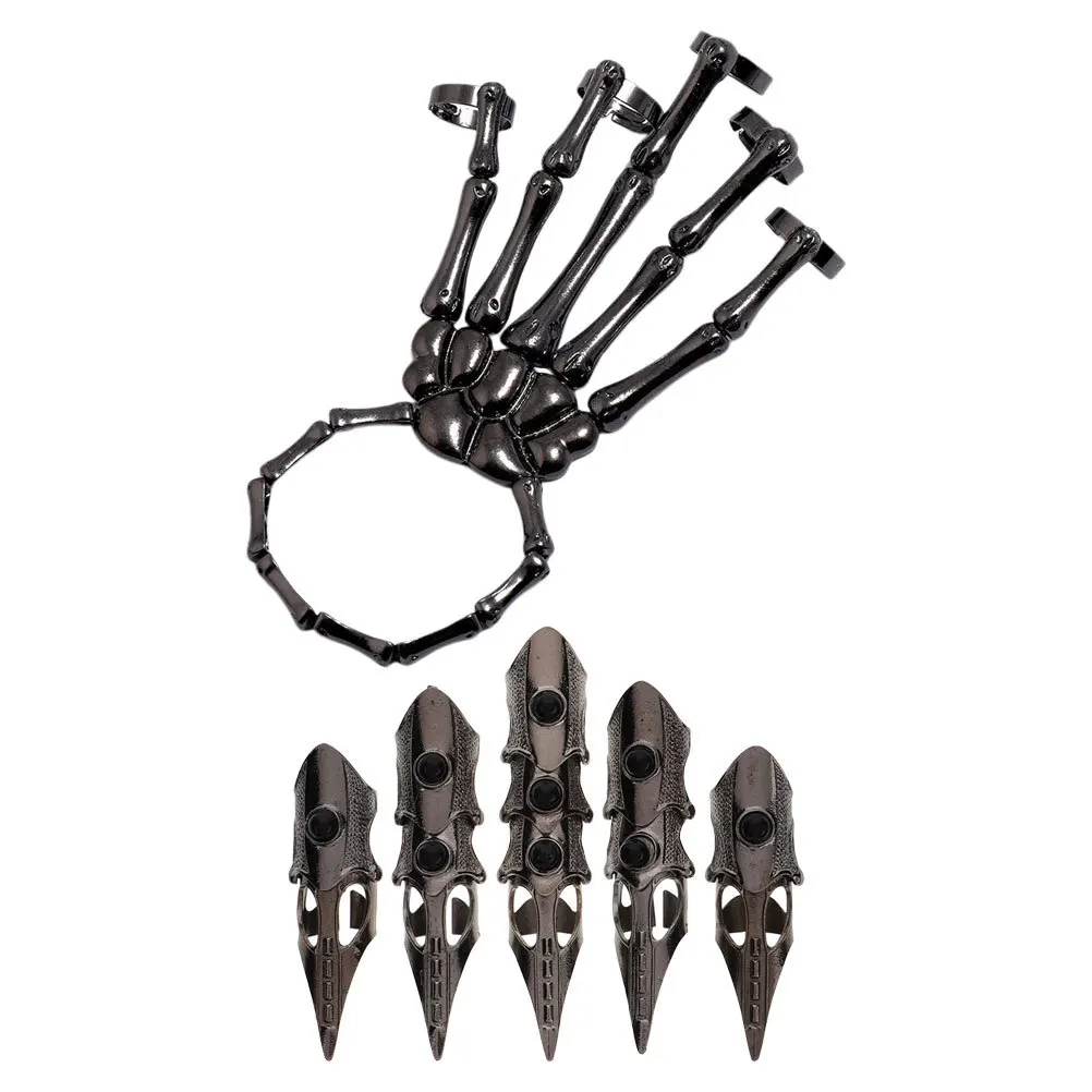 1 Juego de anillo de guante de dedo largo: pulsera de mano ajustable, anillos de unión de aleación Punk para hombres y mujeres, joyería gótica para Cosplay