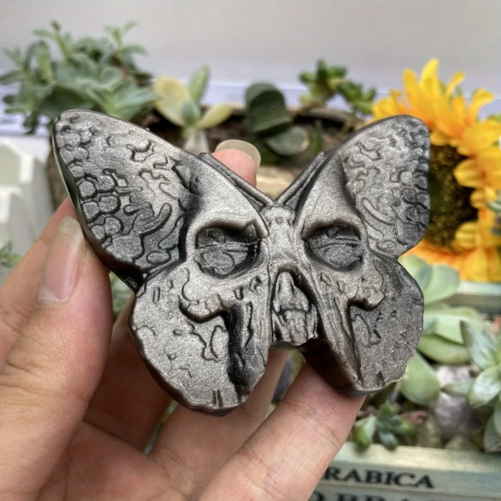 

1pc Natural Silvery Obsidian Butterfly Hand Carved Butterfly Skull Quartz Crystal Butterfly Home Decoration Animal Crystal Gift