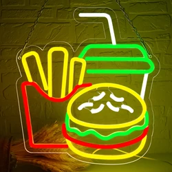 Burger Neon Sign for Burger Shop Decor French Fries LED Neon Light Fast Food Business Signs for Restaurant Store USB Powered