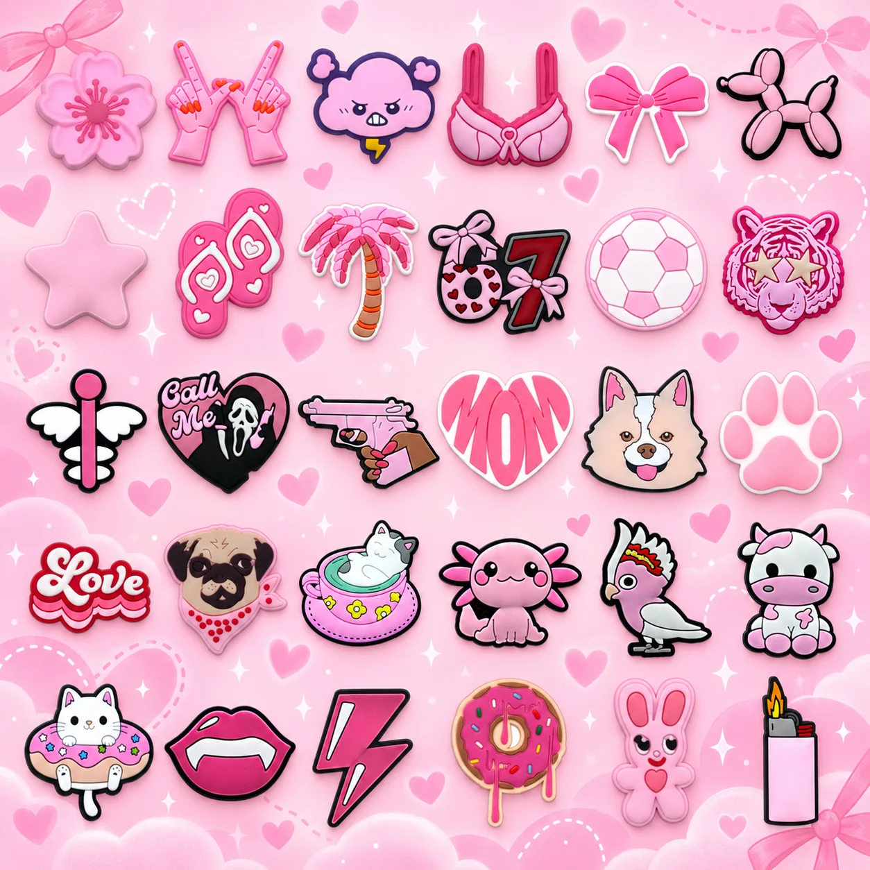 1/30/90-Piece Set of Pink Bow Shoe Charms Accessories,Star Balloon Dog Charms for Shoes, Animal Donut Sandals Buckle Clogs