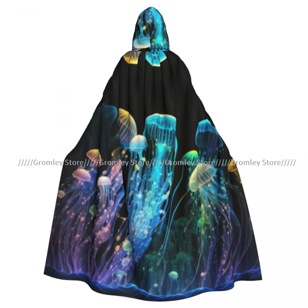 Unisex Halloween Cloak Sea Jellyfishes Background Cape Hooded Medieval Costume Witch Wicca Vampire