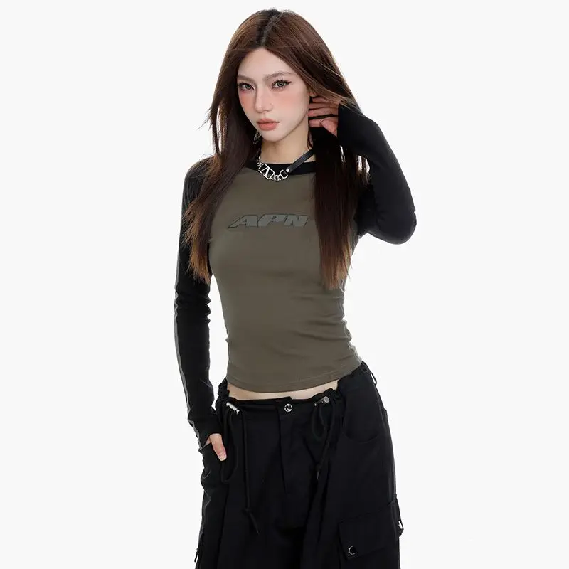 STSVZORR Y2K Vintage Long Sleeve Raglan T-shirt Women's Spring and Autumn Tight Fit T-shirt Short Top