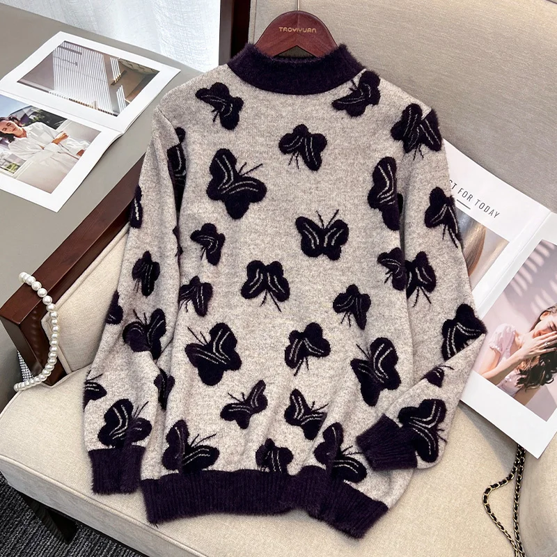 Women New Fashion Butterfly Elegant Wool Knitwear Autumn Winter Daily O-neck Loose Pullover Commute Thick Warm Soft Sweaters