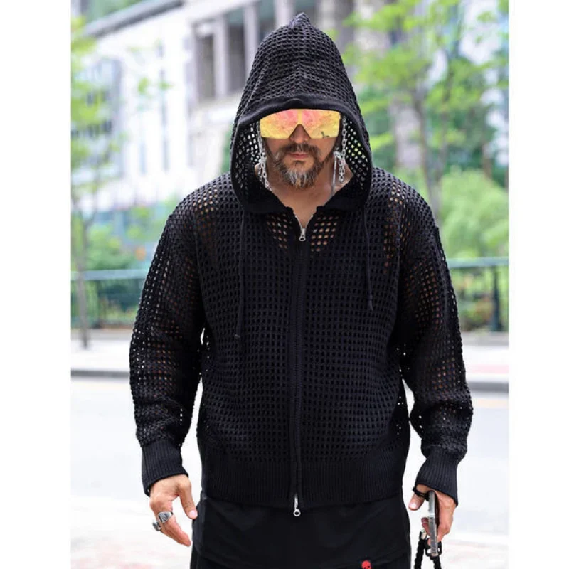 Korea Hipster Hollow Out Men Hooded Jacket Long Sleeve Streetwear Hip-hop Loose Knit Cardigan Sun Protection Solid Coat Casual
