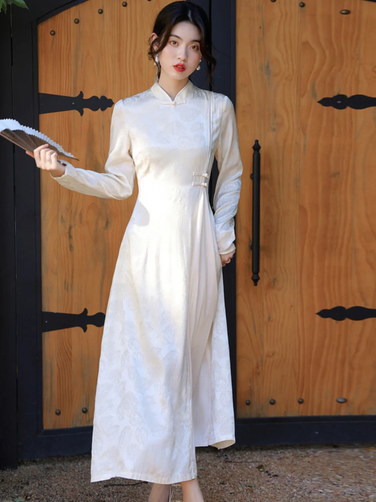 المرأة الكورية خمر حفلة فاخرة Vestidos الخريف الأبيض الساتان الجاكار الوقوف طوق فستان طويل 2025 فستان شيونغسام أنيق جديد #4