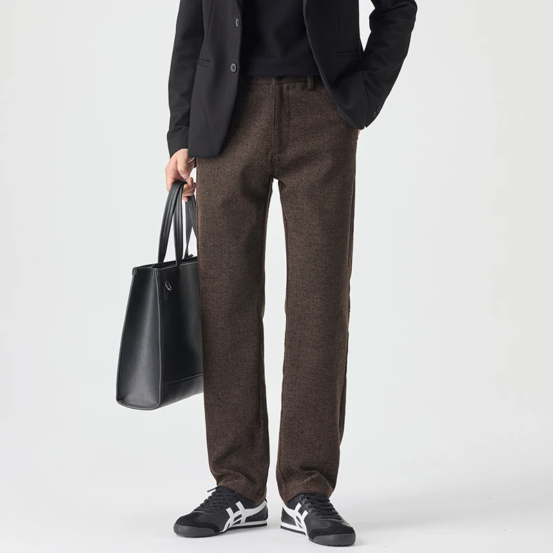 

Осенние мужские толстые повседневные брюки, деловые верблюжьи прямые свободные брюки, эластичные универсальные брюки в офисном стиле, брендовая мужская одежда
