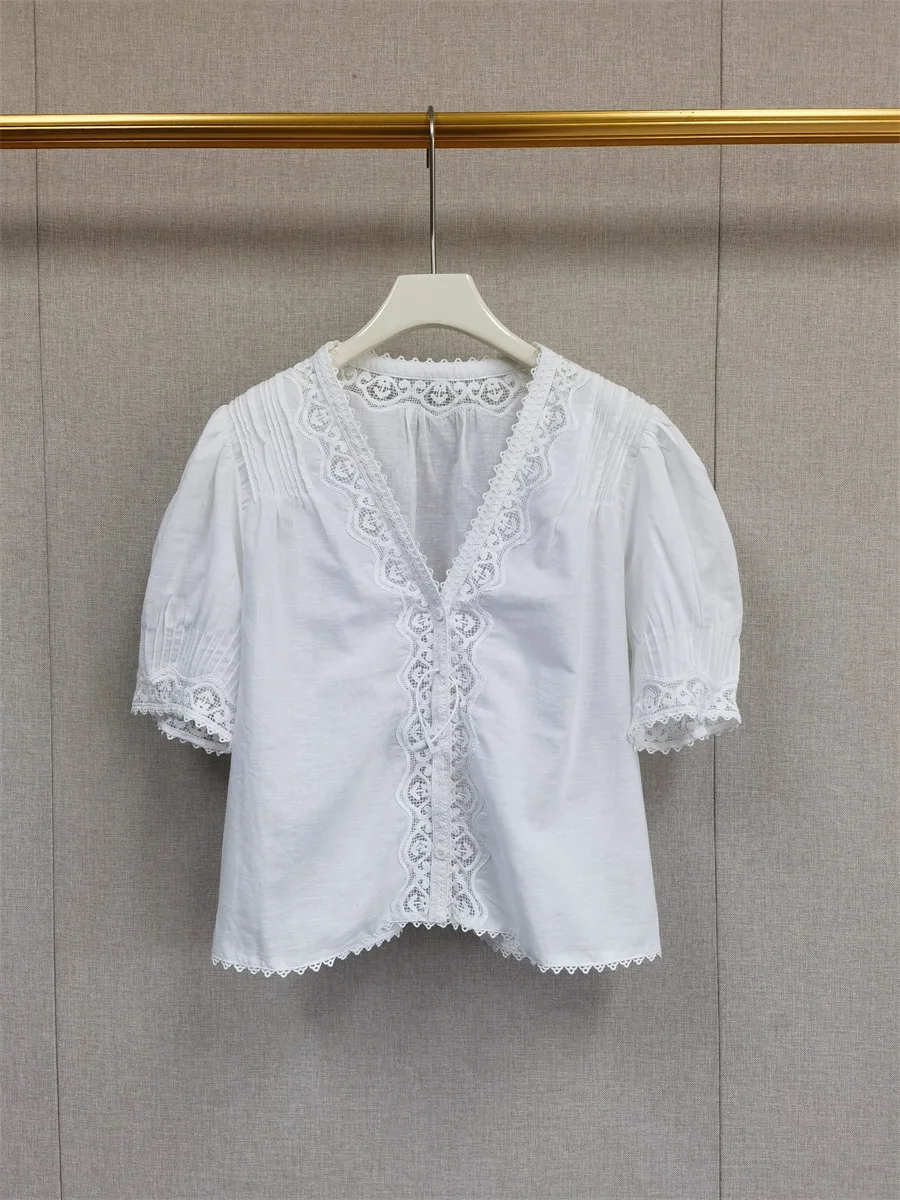 

Sweet Style Lace Trim V-Neck Bubble Sleeve Short Sleeve Shirt Women's Top Age-Defying Cotton Linen Blend Spring 2026