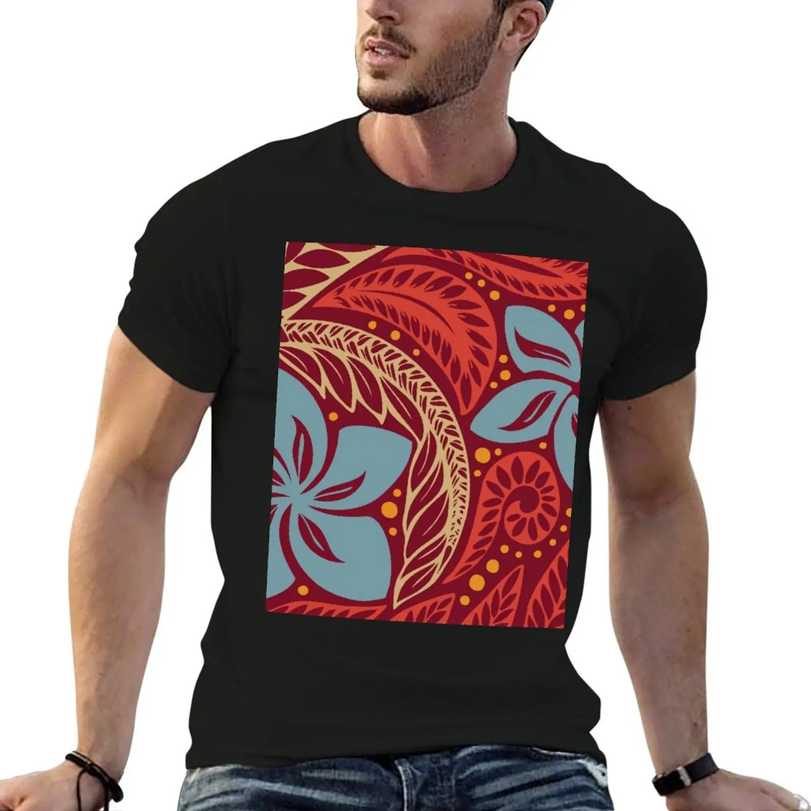 

Polynesian Hawaiian red blue floral tattoo design T-Shirt vintage boys animal print rapper graphic tees T-shirt men