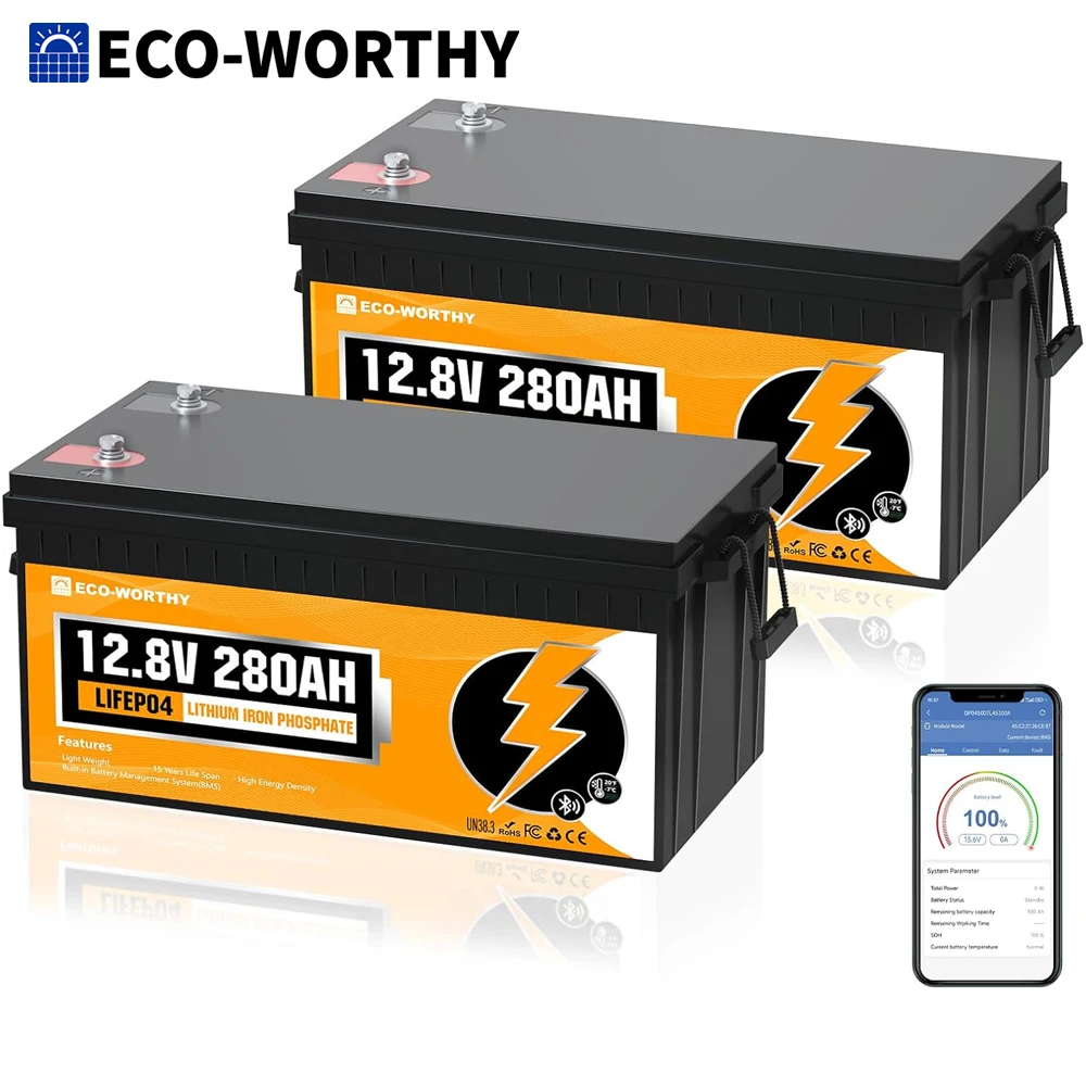 

ECO-WORTHY 2 упаковки аккумуляторов LiFePO4 12 В 280 Ач с Bluetooth и низким отсеком — встроенная BMS 200 А — глубокий цикл для кемпера, трейлера