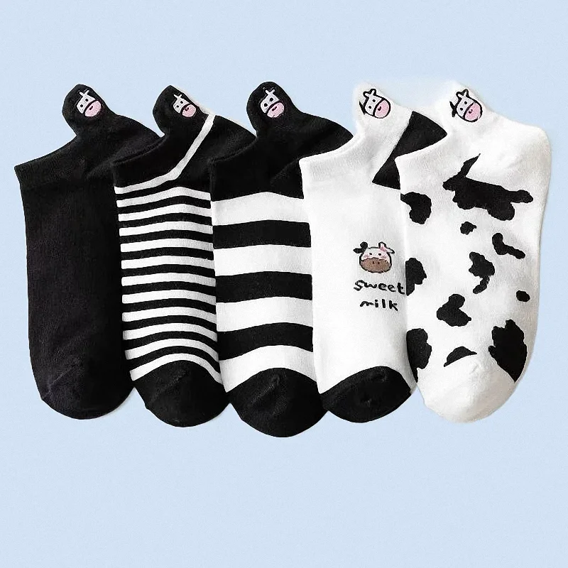 5/10 Pairs Creative Printing Socks Ankle Sock Lovely Cow Pattern Short Socks Casual Outdoor Indoor Cotton Socks Womens Socks