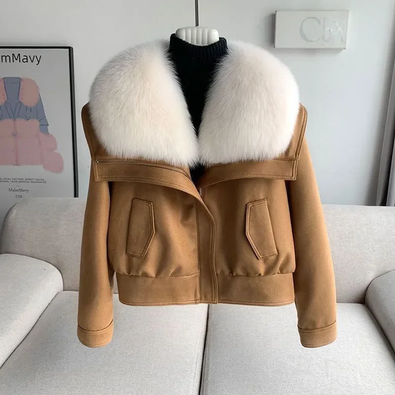 المرأة الراقية الثعلب الفراء بولي Leather سترة جلدية فضفاضة تناسب الفراء طوق معطف قصير دافئ الخريف الشتاء موضة أبلى