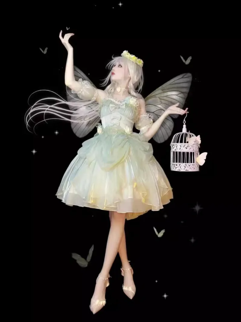 2023 neue Japanische Sommer Hals Bogen Rohr Top Dreidimensionale Blume Taille Dünne Grüne Element Flauschigen Kleid Für Frauen