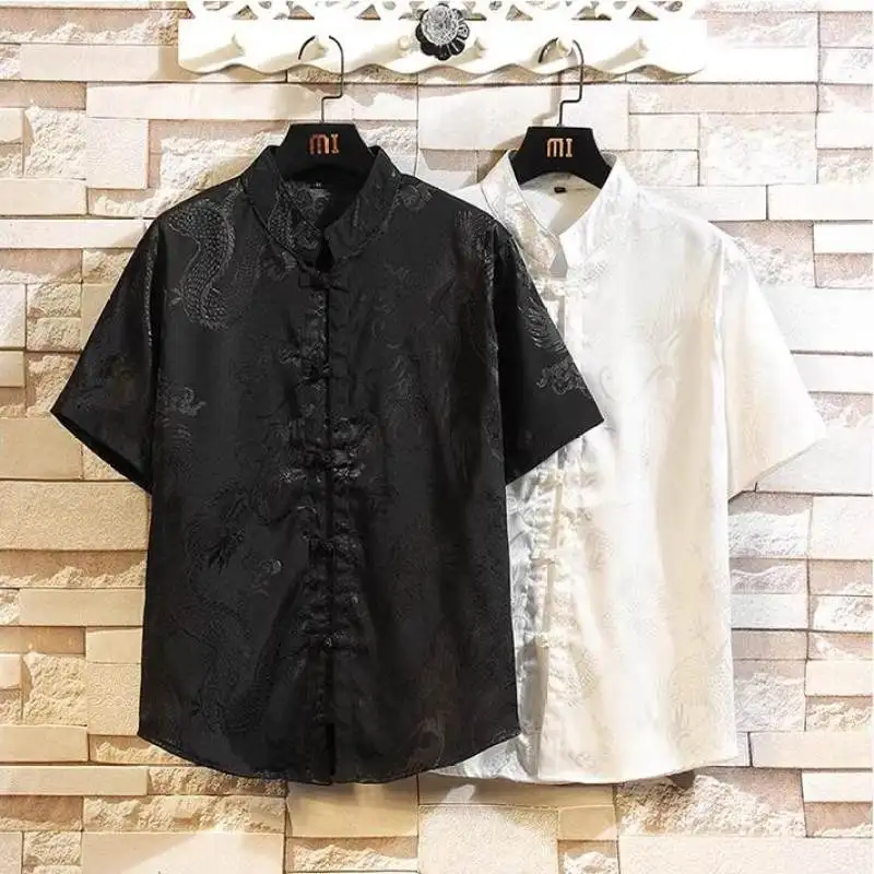 

Мужская летняя вязаная кофта с принтом «Красный дракон», в китайском стиле, с воротником-стойкой, на пуговицах, молодежная верхняя одежда