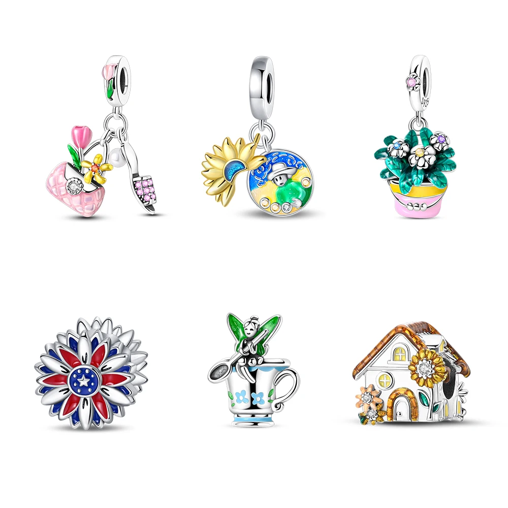 Versilberte 925er-Silber-Blumenhaus-Anhänger passen zu originalen 925er-Armbändern, Perlen, Schmuck, Geschenken für Frauen