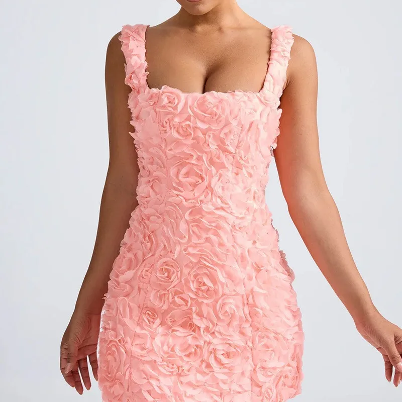 

3D Flowers Ruched Women Prom Dress Deep-V Neck Backless Evening Skirt Wide Strap Bodycon Club Party Dress New Arrival In Stock