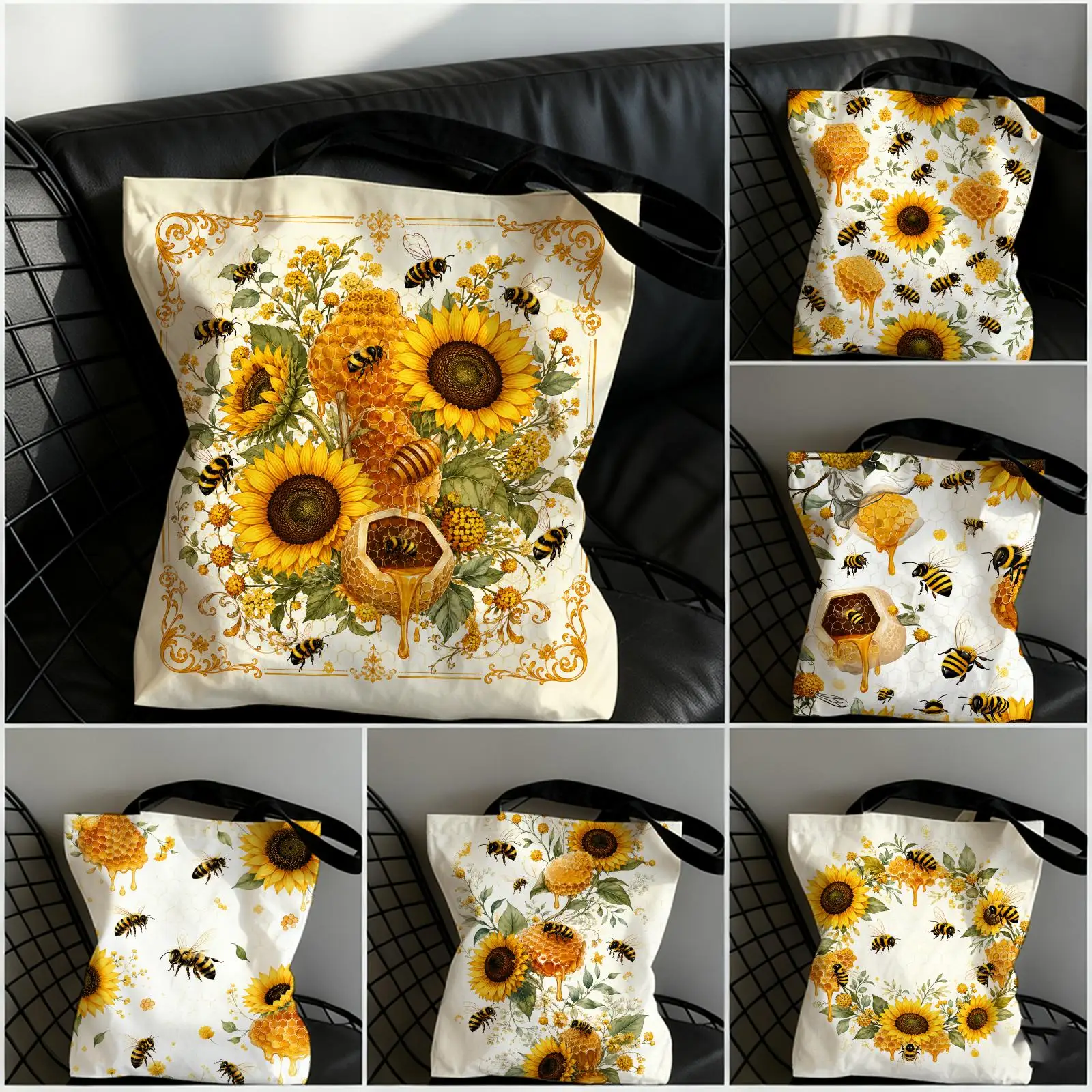 Sunflower & Honeycomb Bee Storage Bags Large Capacity Canvas Tote Bag Double-Sided Print Shoulder Handbag for Daily Shopping