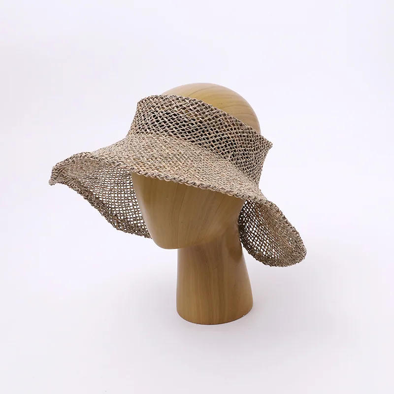 

Foldable Summer Portable Natural Grass Woven Hollow Top Hat Korean Rolled Edge Large Eave Sunshade Grass Hat Beach Vacation Caps