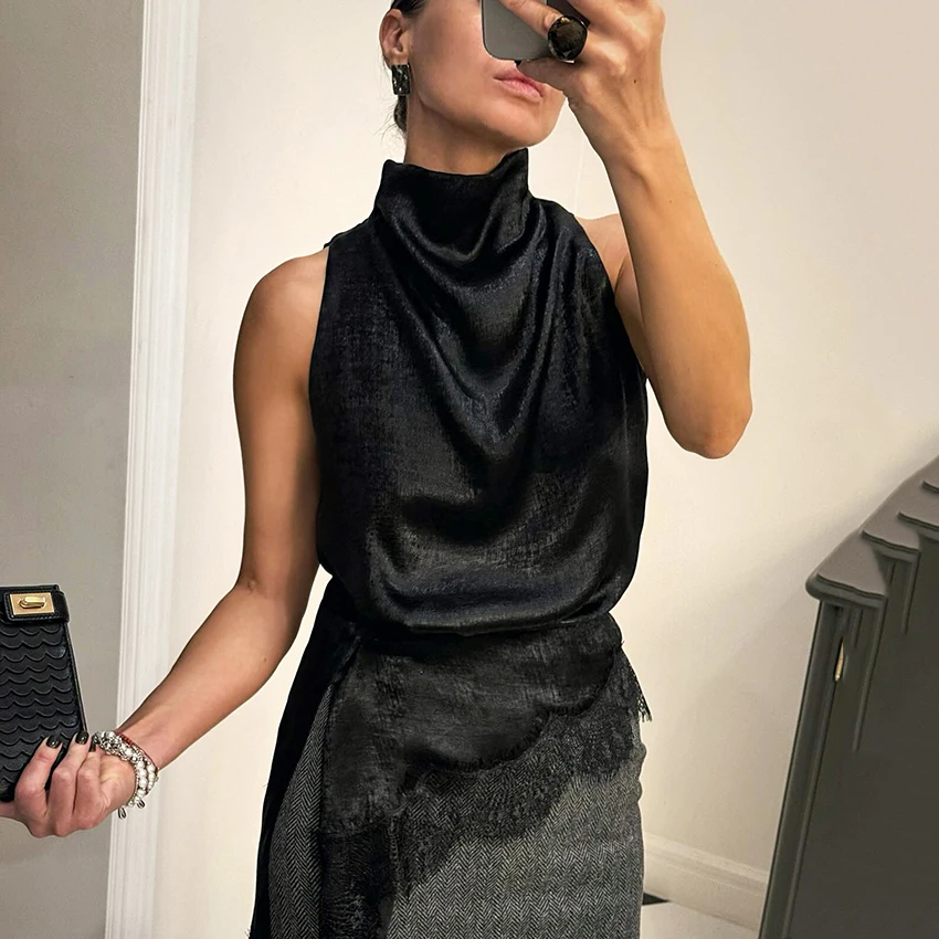 Linad أنيقة الدانتيل غير النظامية الياقة المدورة تانك القمم الشارع شيك الأسود سترة دون أكمام الإناث موضة المرقعة كاميس 2026 الربيع #5