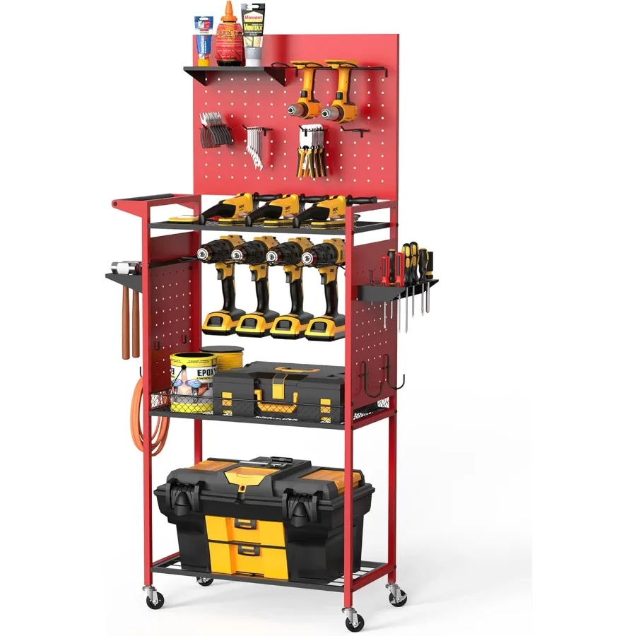 

LimeHill Garage Power Tools Organizer Cart with Pegboard Large Floor Standing Rolling Drill and Tools Battery Storage Cart on W