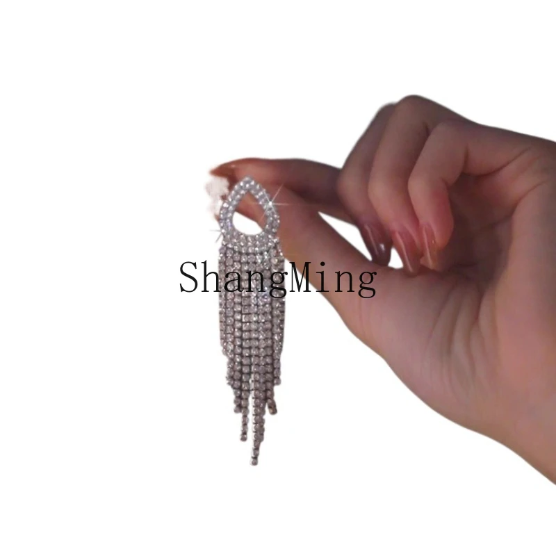 

ZYH sterling silver light luxury personality super flash full diamond zircon fringed earrings temperament advanced sense