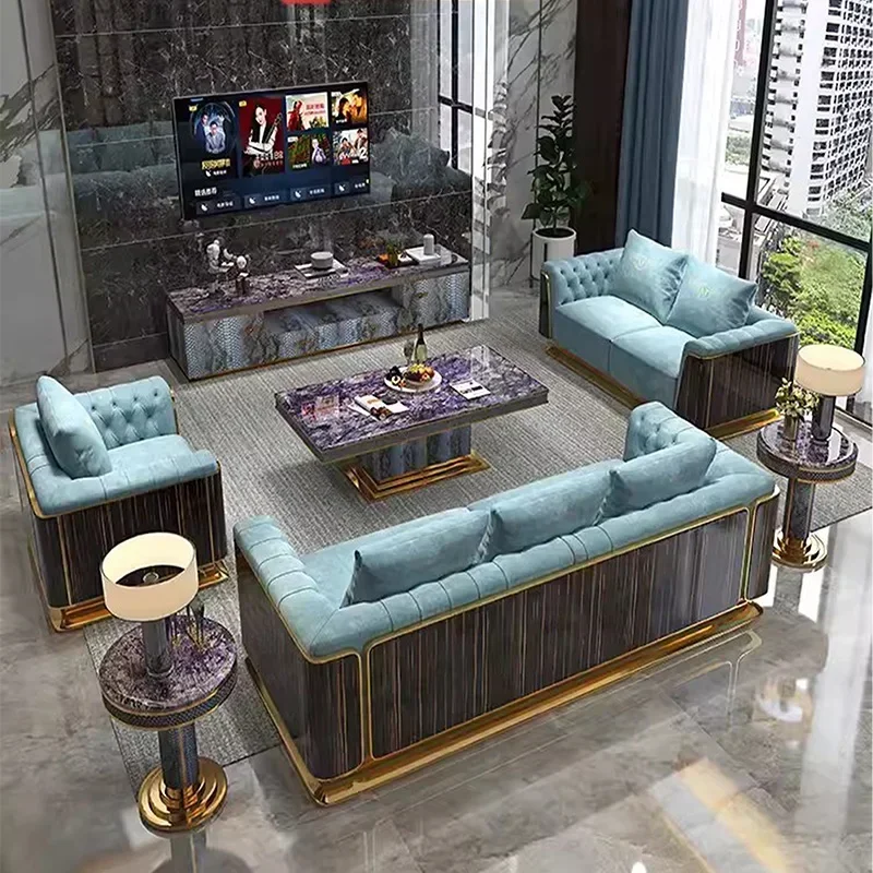 

New Designs Genuine Leather Seats Living Room Sofa Set Blue Fabric Sofa Luxury Modern 6 Seats Living Room Furniture Sofa