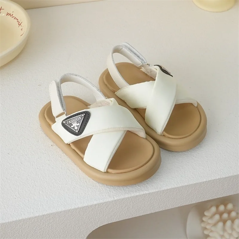 Children Sandals Girls Fashion Solid Metal Buckel Beach Sandals Boys Open Toe Wearable Non-slip Casual Shoes Size 23-35