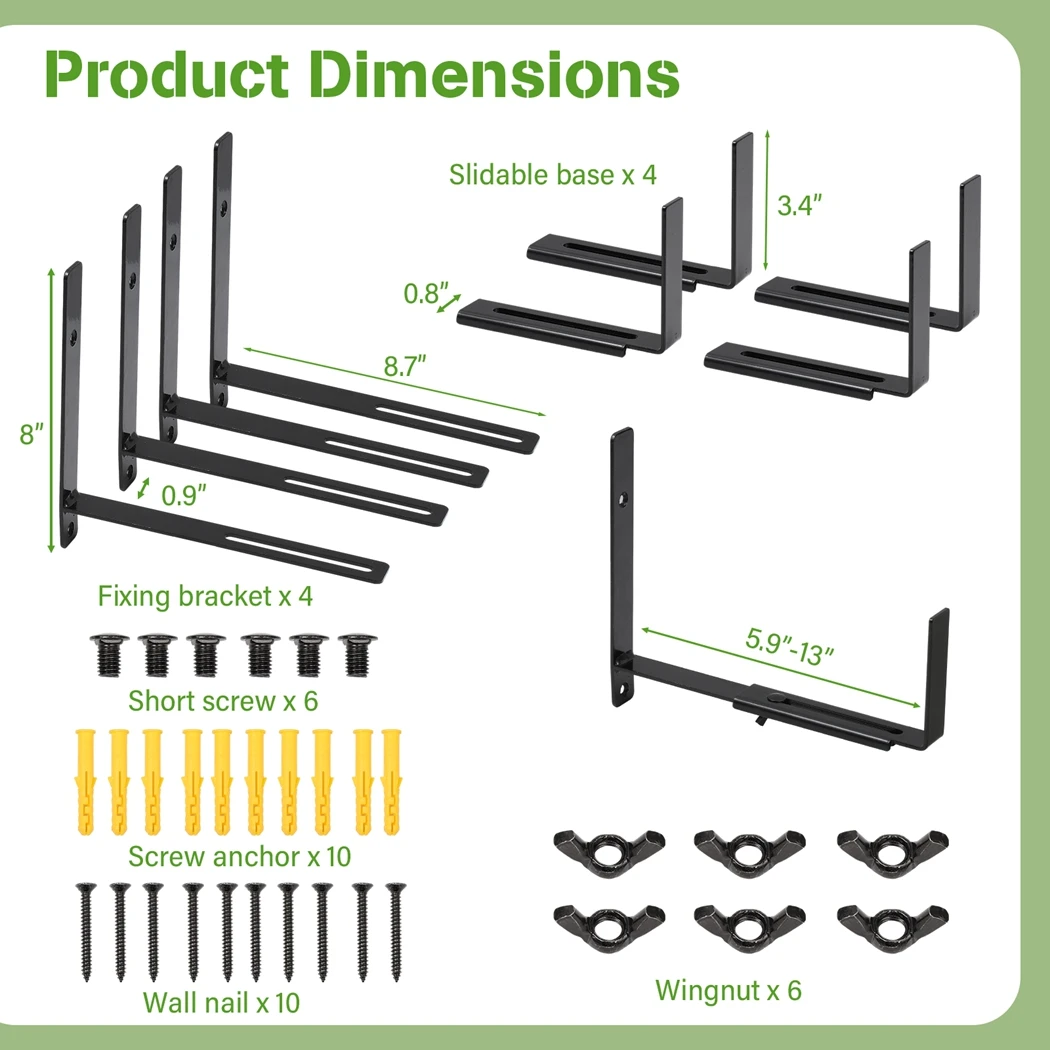 4Pcs Adjustable Window Planter Box Brackets Heavy-Duty Wall Mount Flower Box Holders For Planter Box Size From 6 To 13 Inches