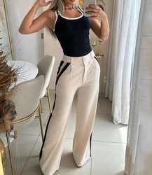 Two Piece Set Women Outfit 2024 Summer Solid Color U-Neck Sleeveless Vest & Casual High Waist Button Pocket Wide Leg Pants Set