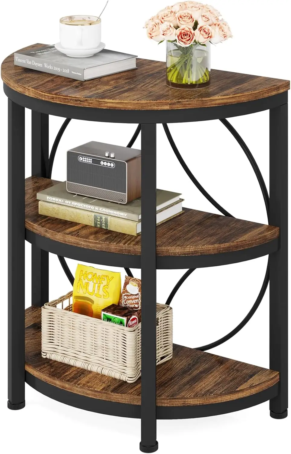 Half Round End Table with 3-Tier Shelves, Metal Frame Side Table for Living Room Bedroom