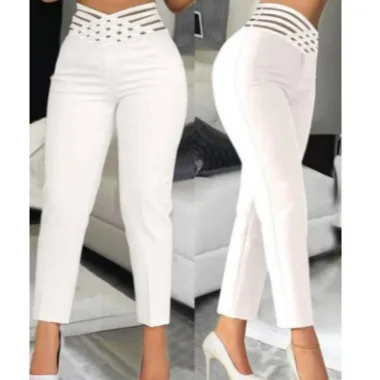 White Elegant Cuffed Pencil Pants Summer Hollow Out High Waist Women Cargo Straight Long Trousers Party New 2024 Y2k Capris