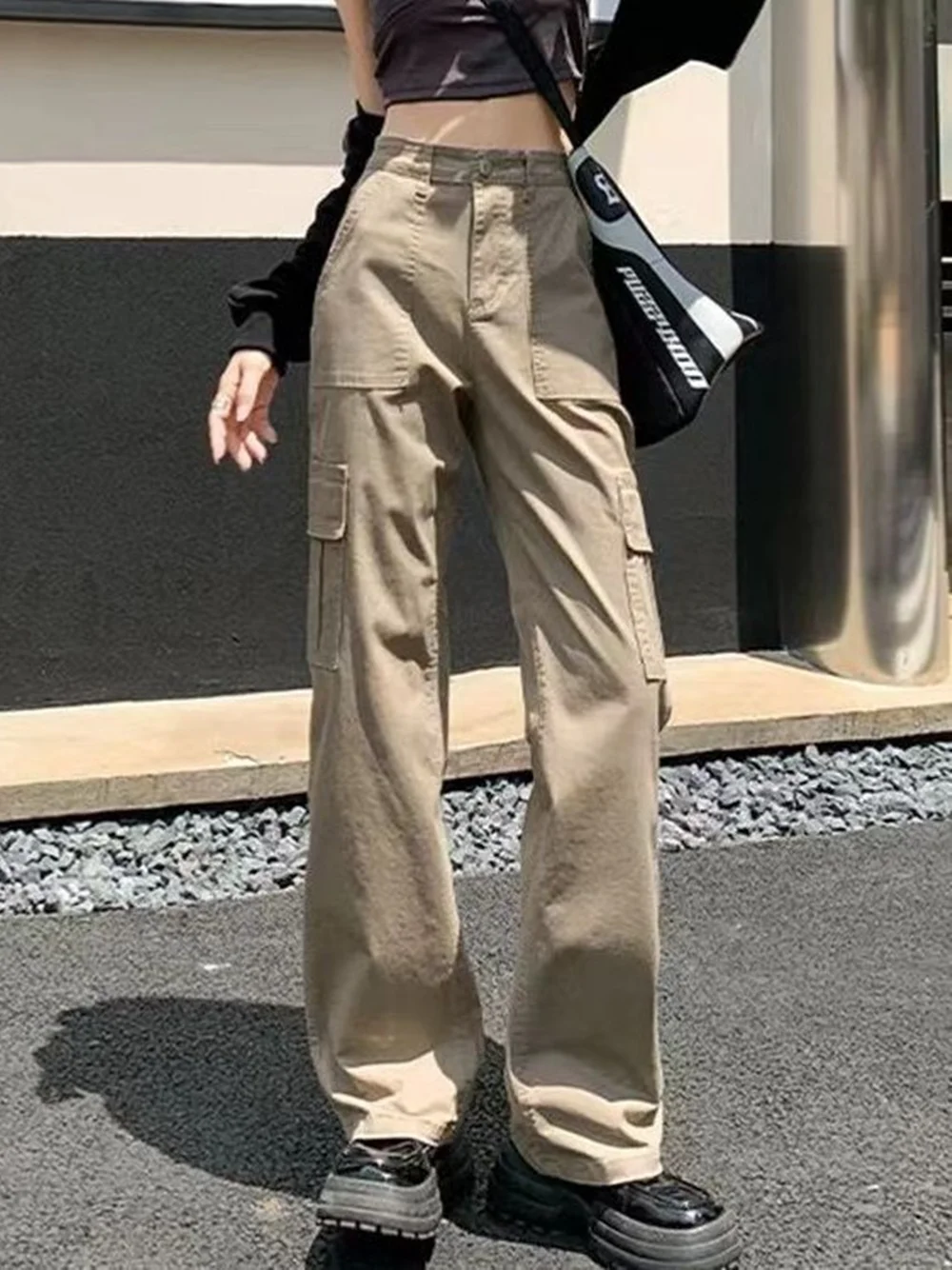 

Женские рабочие брюки цвета хаки с высокой талией и узким кроем весной и летом, ретро-американский стиль, прямые брюки для похудения