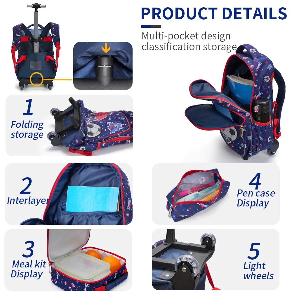 3PCS Rolling Backpack for boys Kids  Wheeled School BookBag With Lunch And Pen Bag  blue soccer design Glow-in-the-dark Function