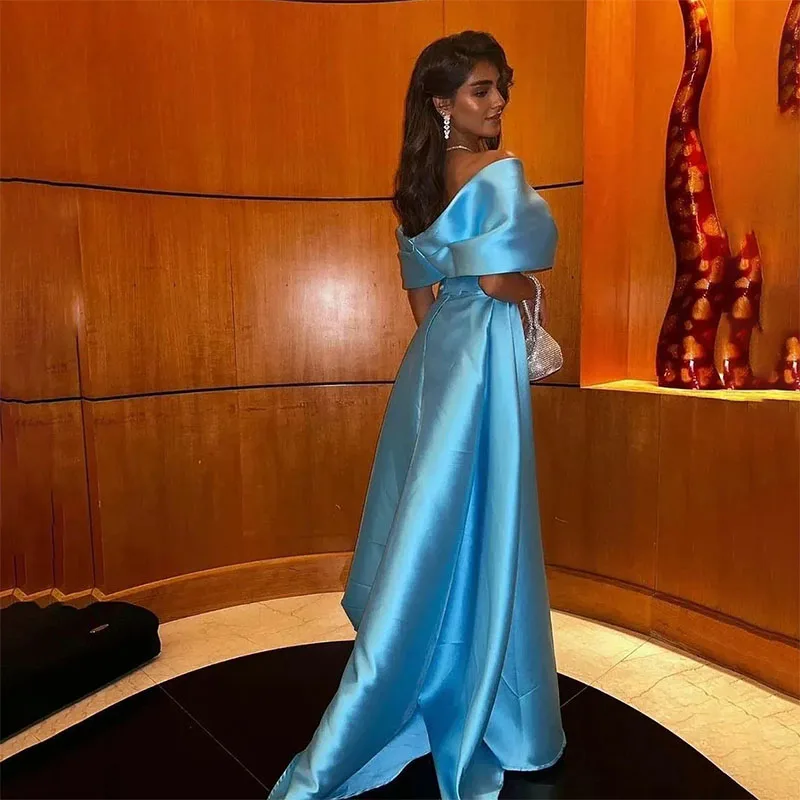 Gaun malam ketat biru elegan, gaun Formal Arab Dubai, gaun pesta Formal Prom Satin, lipit bahu terbuka 2024